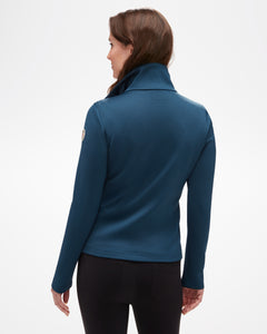 Aspen Collection Aether Morgan Technical Fleece Jacket, view from back. Athletic blue fabric and low waist cut.