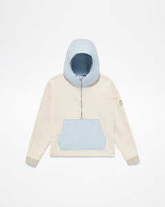 Aspen Collection Aether Align Hooded Anorak, without model. White jacket, light blue kangaroo puffer pouch and blue puffer hood, half zip