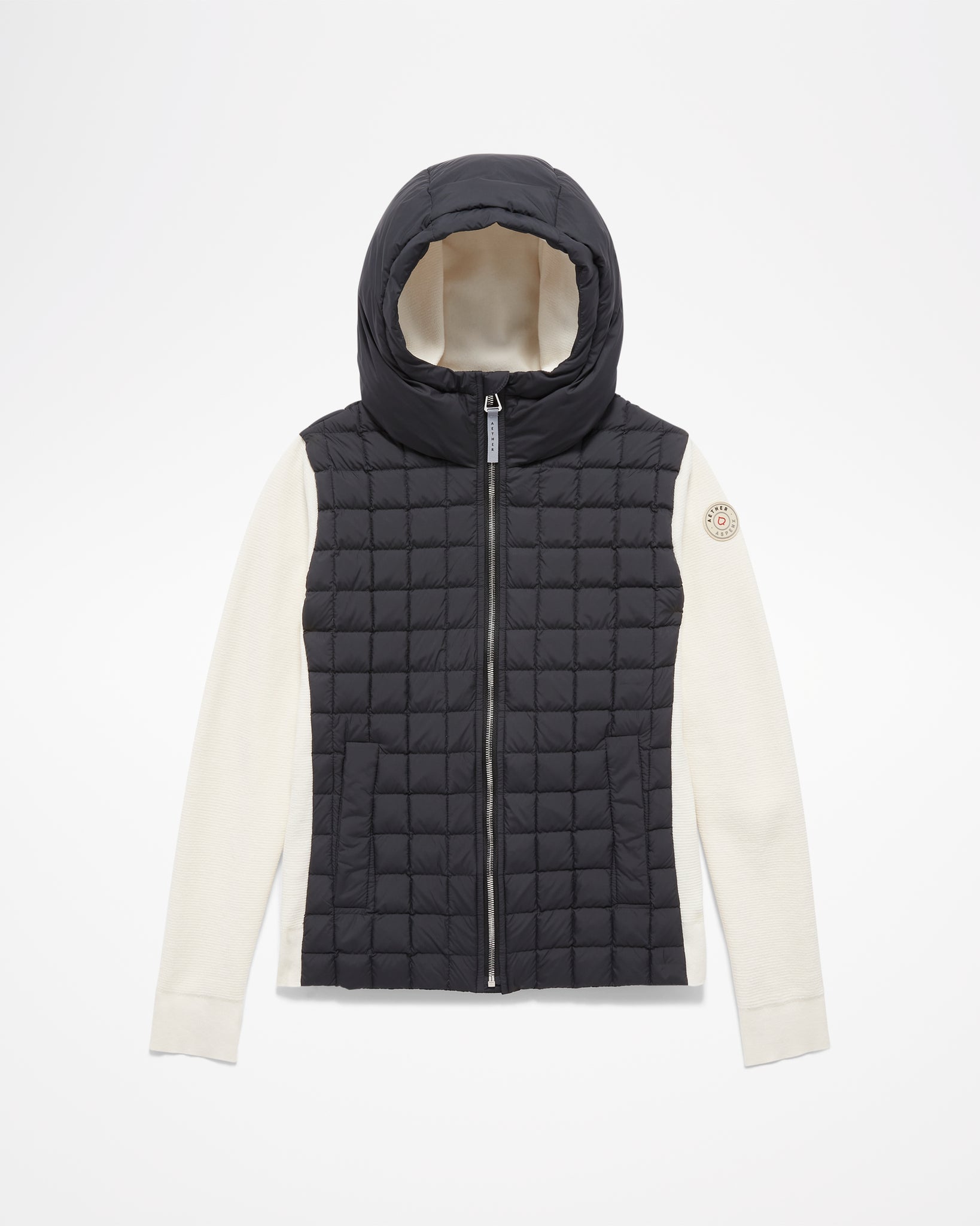 Aspen Collection Aether Phase Hooded Sweater. Black puffer core and hood, white knit sleeves