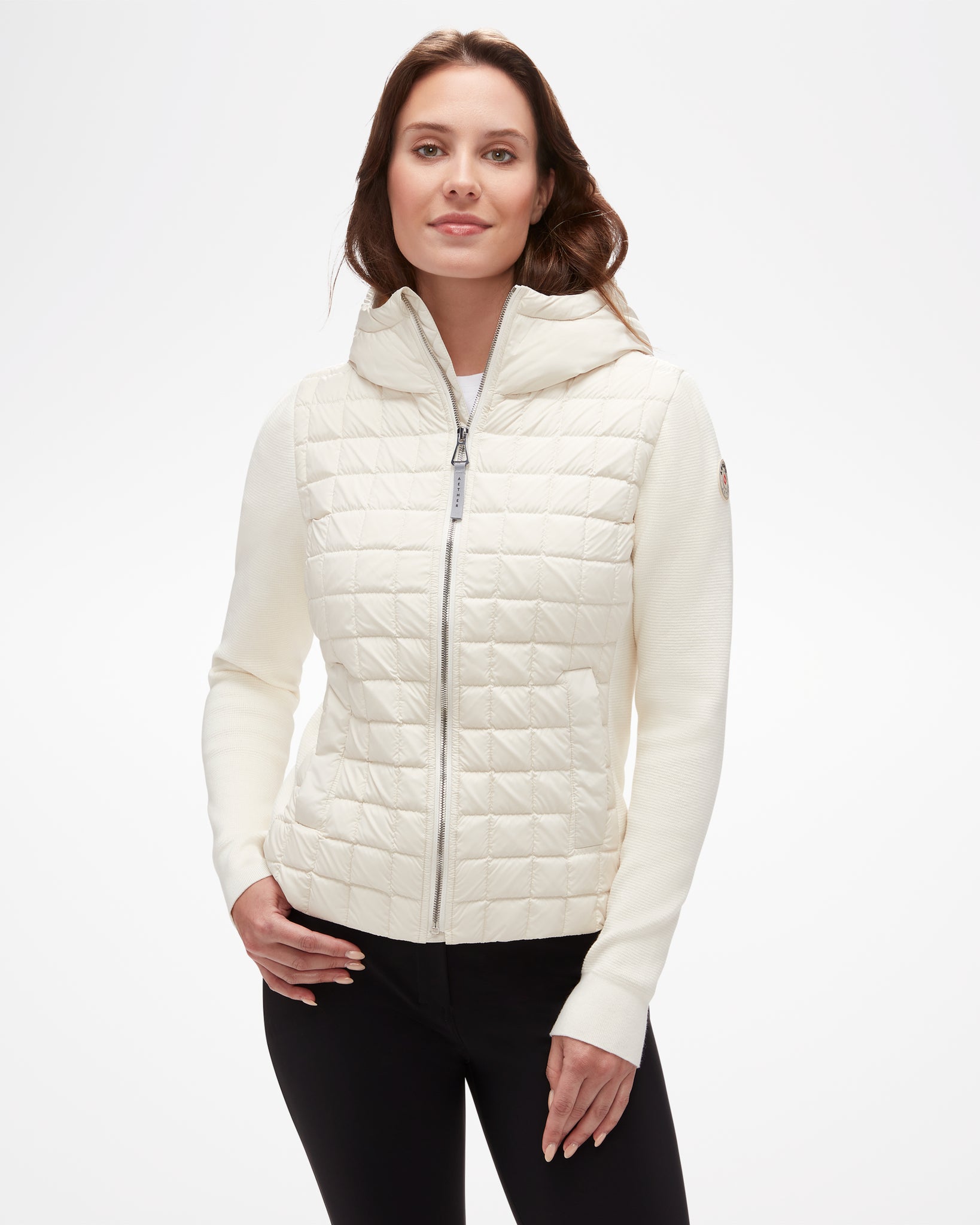 Aspen Collection Aether Phase Hooded Sweater, full zip, in white. Puffer chest/core with white knit sleeves and large neck leading to hood