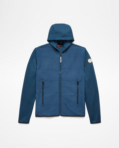 Aspen Collection Aether Morgan Technical Fleece Hoodie, in blue, without model, front view. Visibility of hood, shoulder patch, and jacket detail