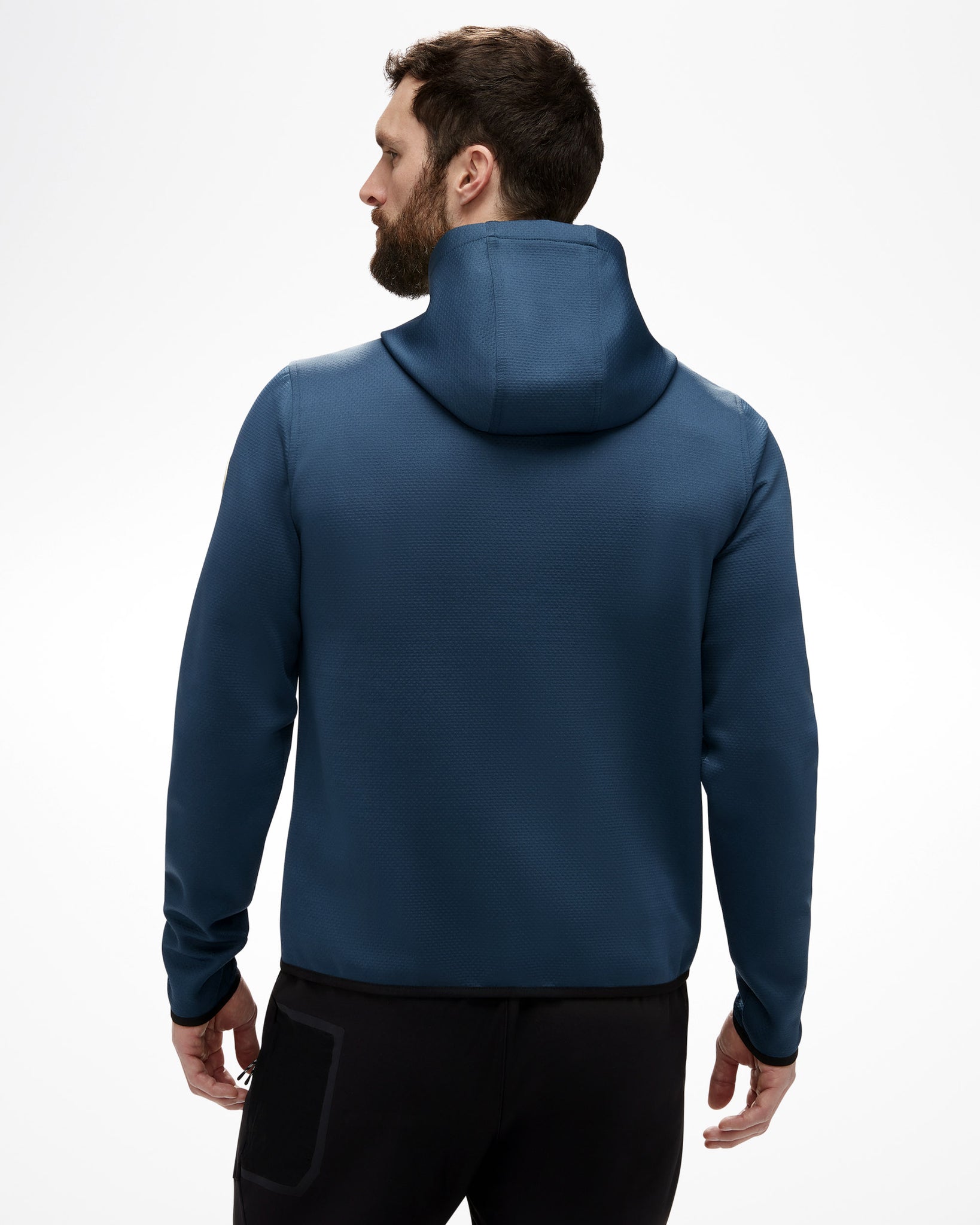 Aspen Collection Aether Morgan Technical Fleece Hoodie, view from back, blue athletic fabric on back and hood.