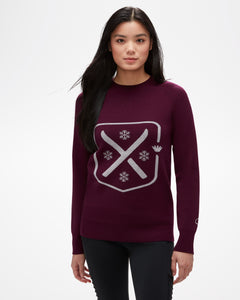 Silver Queen Sweater, maroon knit with white ski design on front, by Aspen Collection