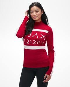 AJAX Women's Turtleneck, by Aspen Collection. Red merino wool knit, with white, abstract lettering of "ajax" and aspen mountain elevation on front of sweater