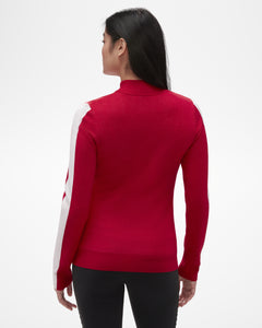 AJAX Women's Turtleneck, view from back, by Aspen Collection. Red merino wool with white stripe down length of arm