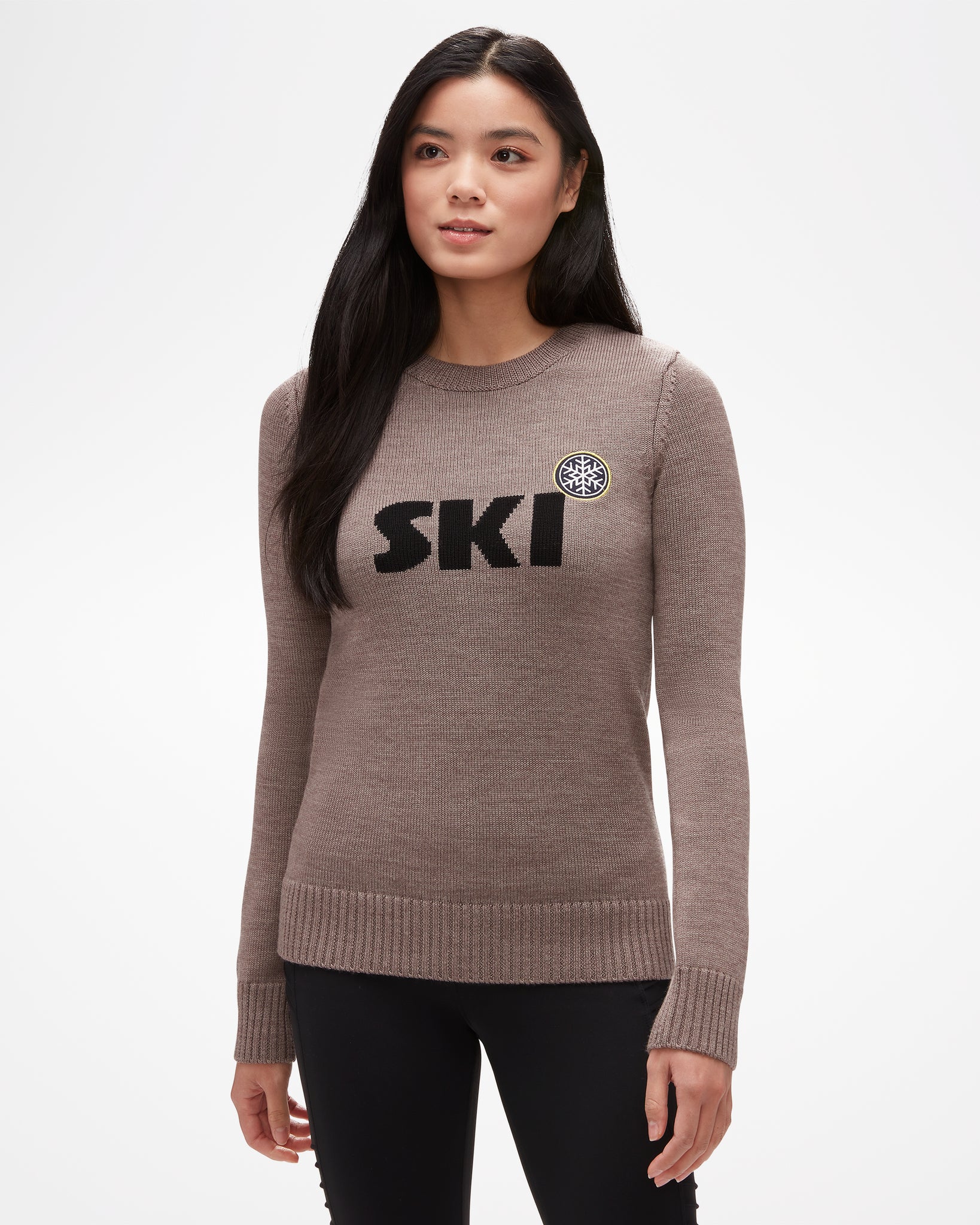 Ski Women's Sweater, by Aspen Collection, in brown merino wool, black "ski" lettering