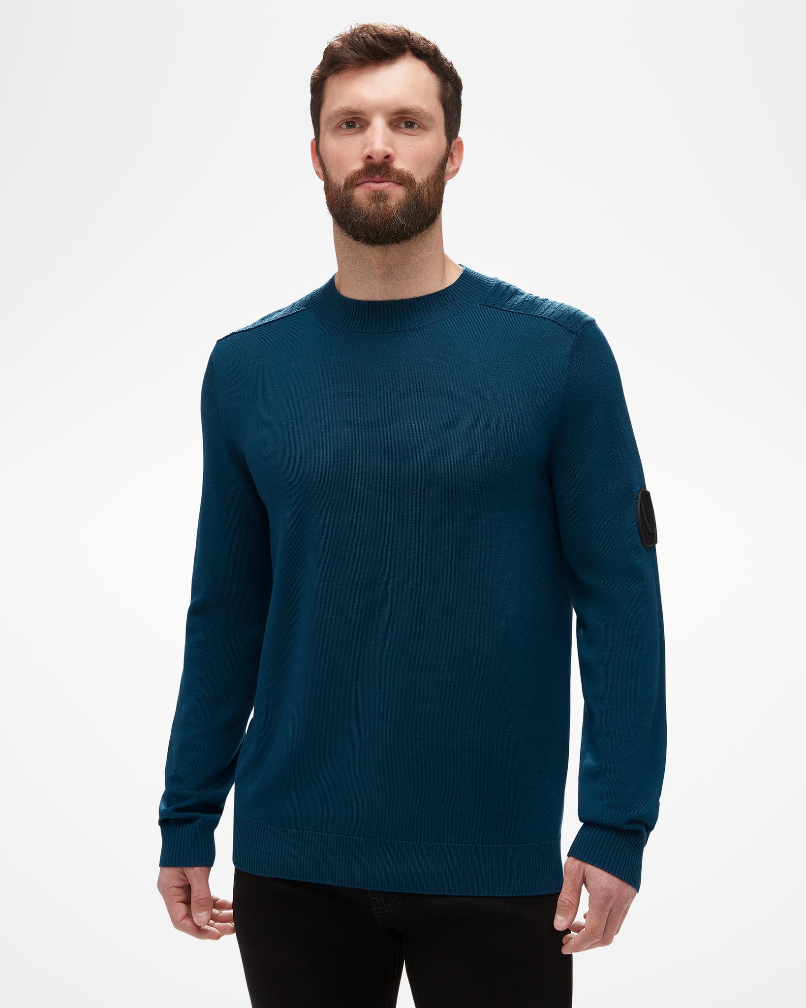 Ridge Men's Sweater by aspen collection, front view of blue marino wool knit