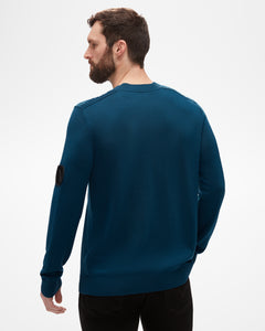 Ridge Men's Sweater by aspen collection, view from back, merino wool blue knit