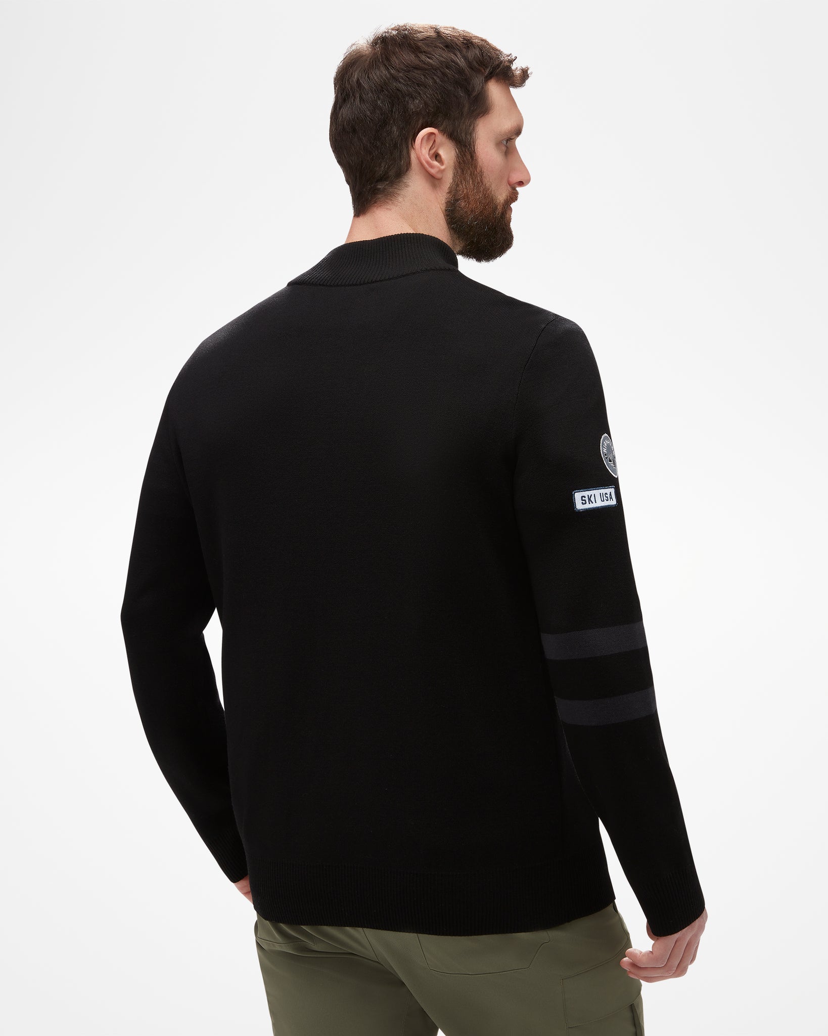 Legacy Quarter Zip Men's Sweater, black merino wool, from back view of sweater.