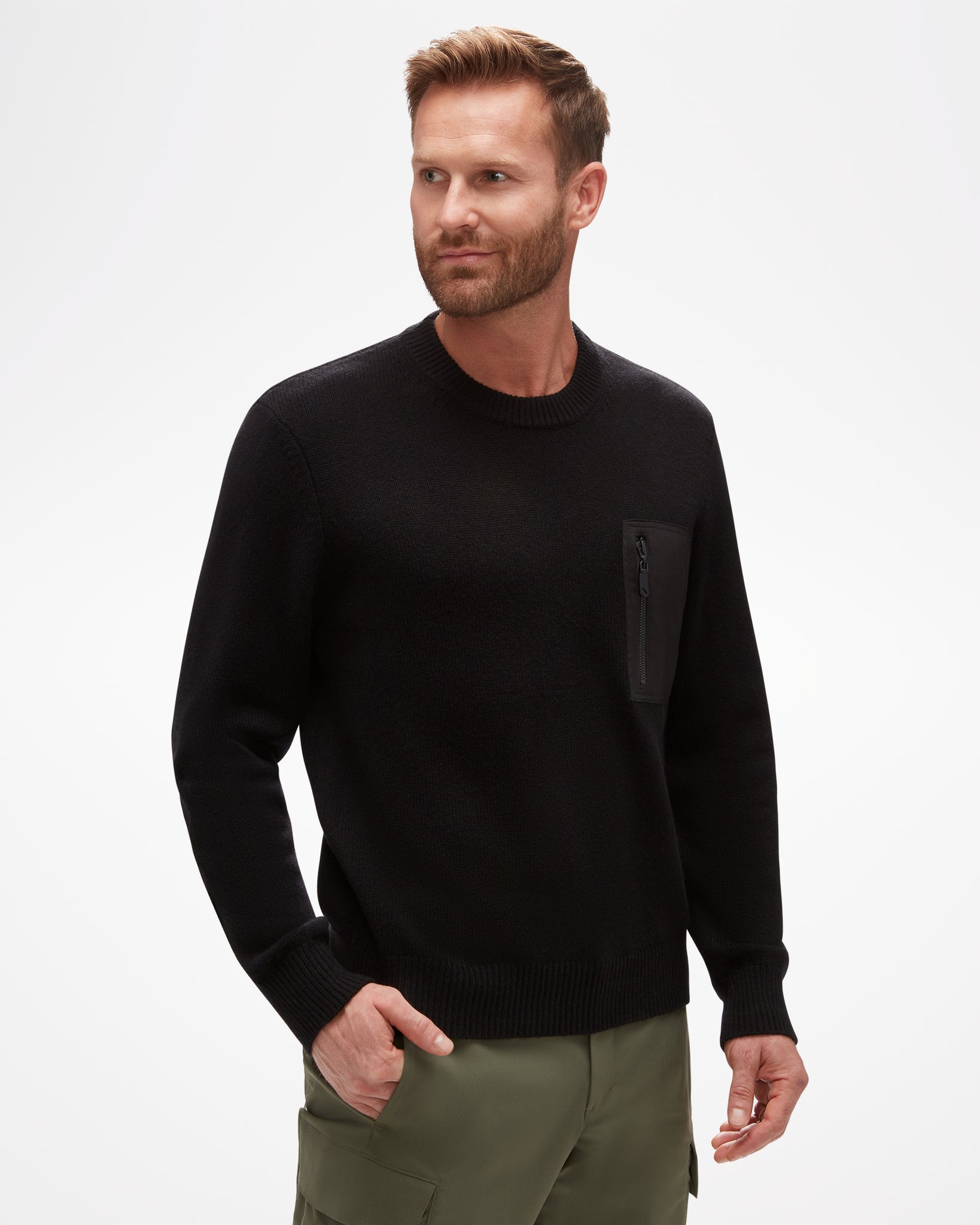 Rayburn Men's Cashmere Sweater, black with side zipper breast pocket