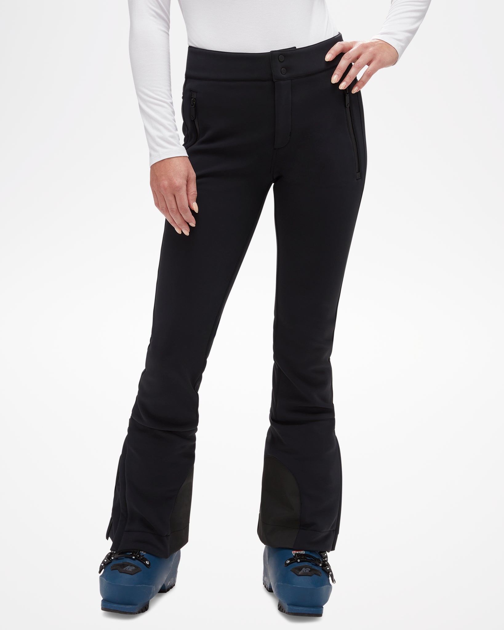 Gretl Softshell Ski Pant, for woman, by Aspen Collection is all black. Fitted around top and thigh, fan out below knee