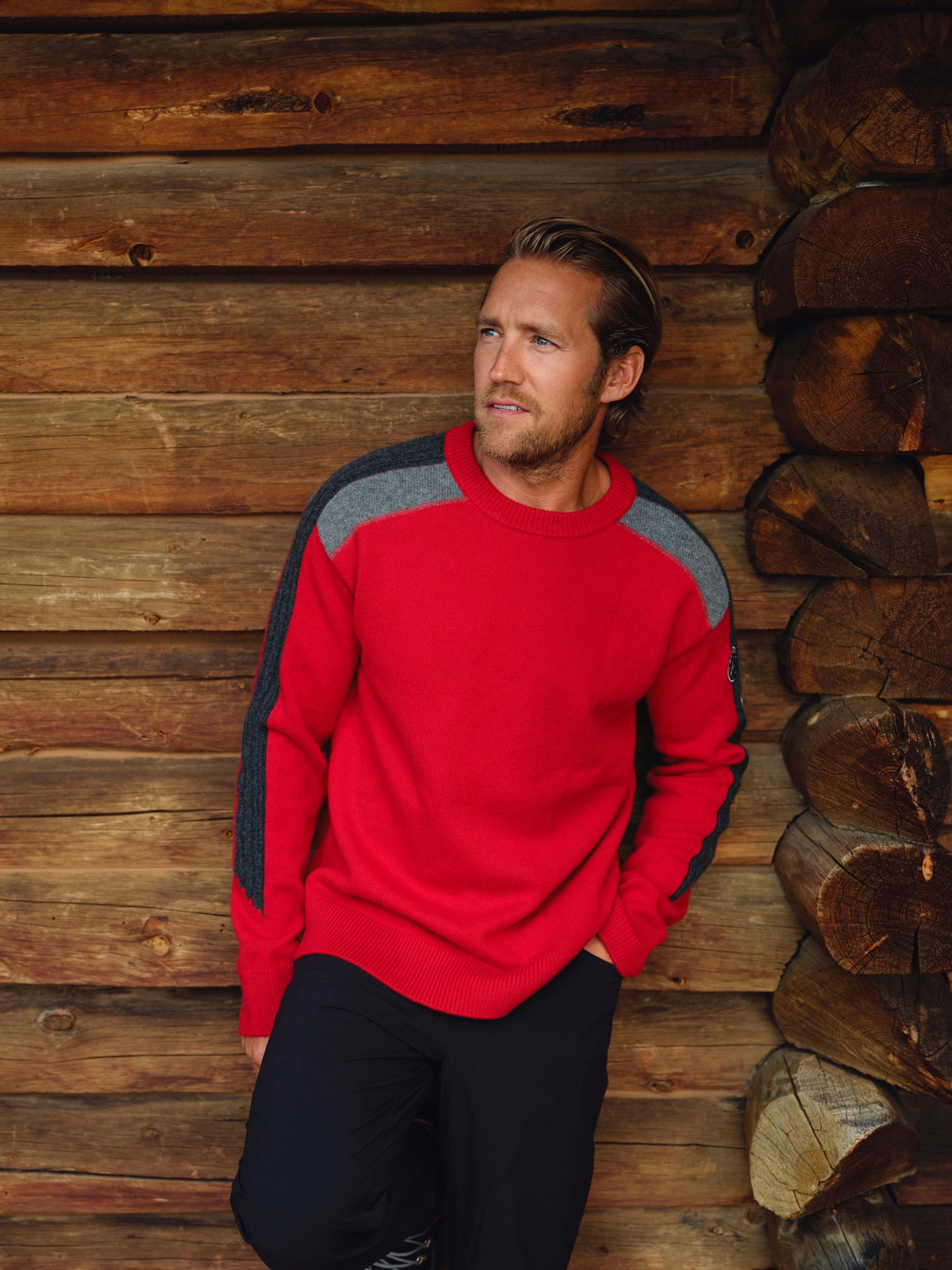 Aspen Ullr Men's Sweater in Radiant Red Lifestyle Photo Front