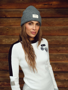 Ajax Sandy Sweater Women's in White Lifestyle Photo Female Model with Grey Beanie Cap