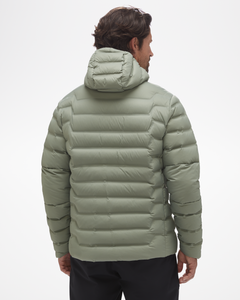 Men's mid layer puffer jacket. with hood. Back view with hood