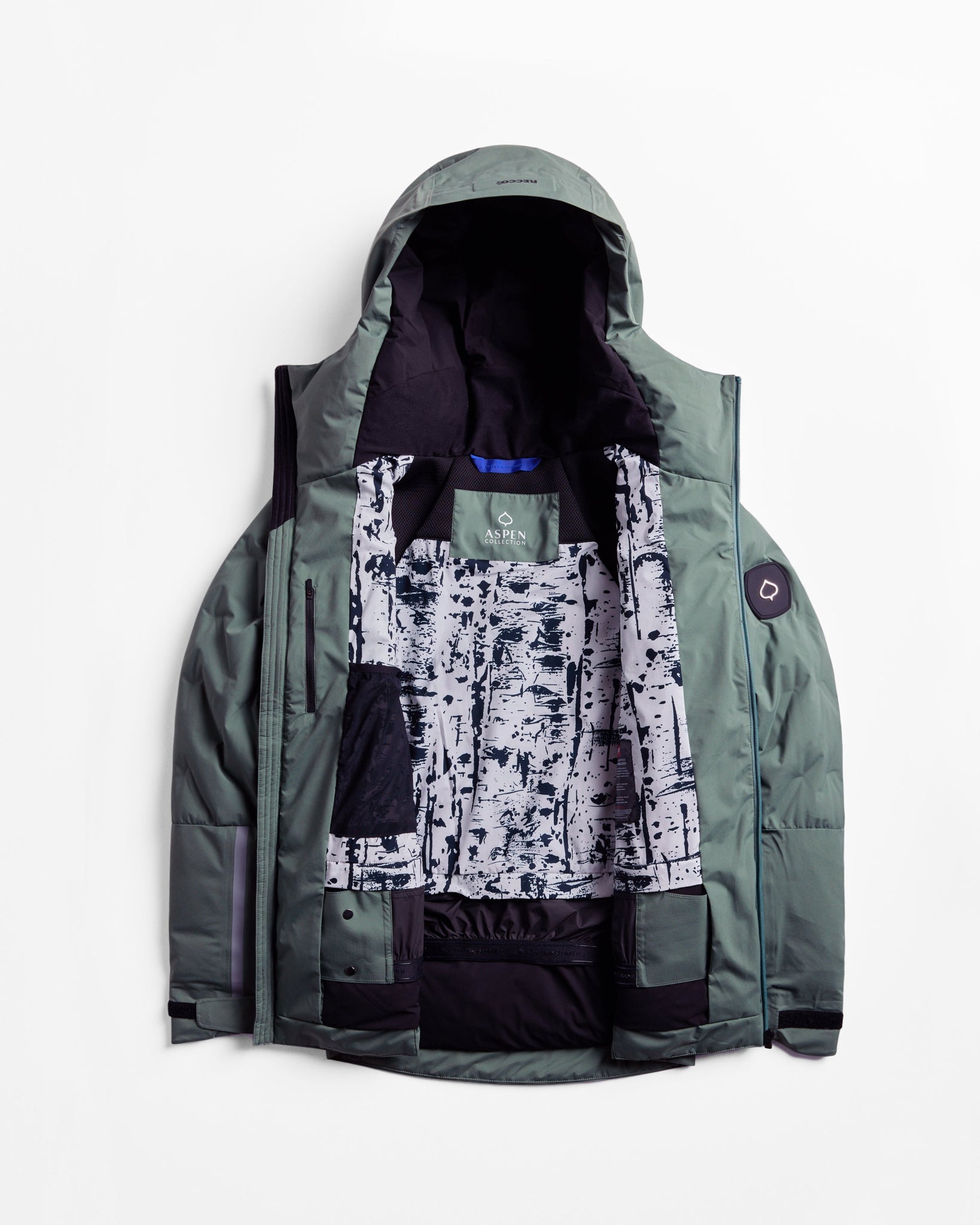 interior view of Powerline jacket, insulated layers with black and white pattern 