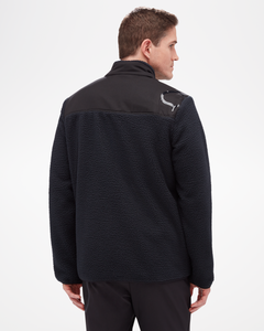 Aspen Collection high pile fleece, made from recycled material. In color black, view of back of jacket, smooth fabric across shoulders