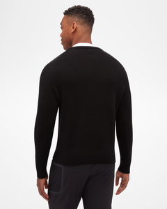 Aspen Collection men's Cashmere Crewneck, simple fitted knit, in black. Back view of model and product.