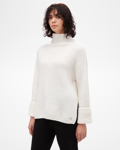 Women's Aspen Collection Cashmere Funnel Neck Sweater, loose white knit with side slit and cuffed sleeve, in all white, front view of model