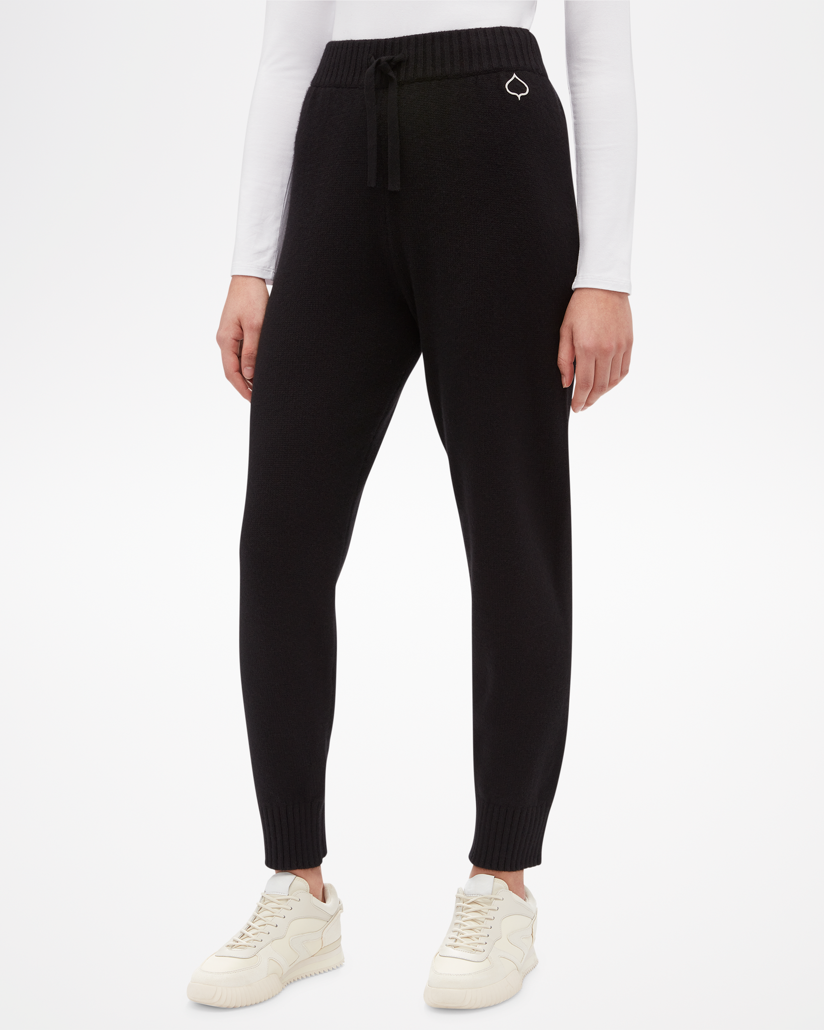 Aspen Collection Cashmere Jogger, all black, ankle length with small white logo on hip