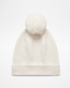 Cashmere POM Beanie by aspen collection, all white with white pom on top, back view