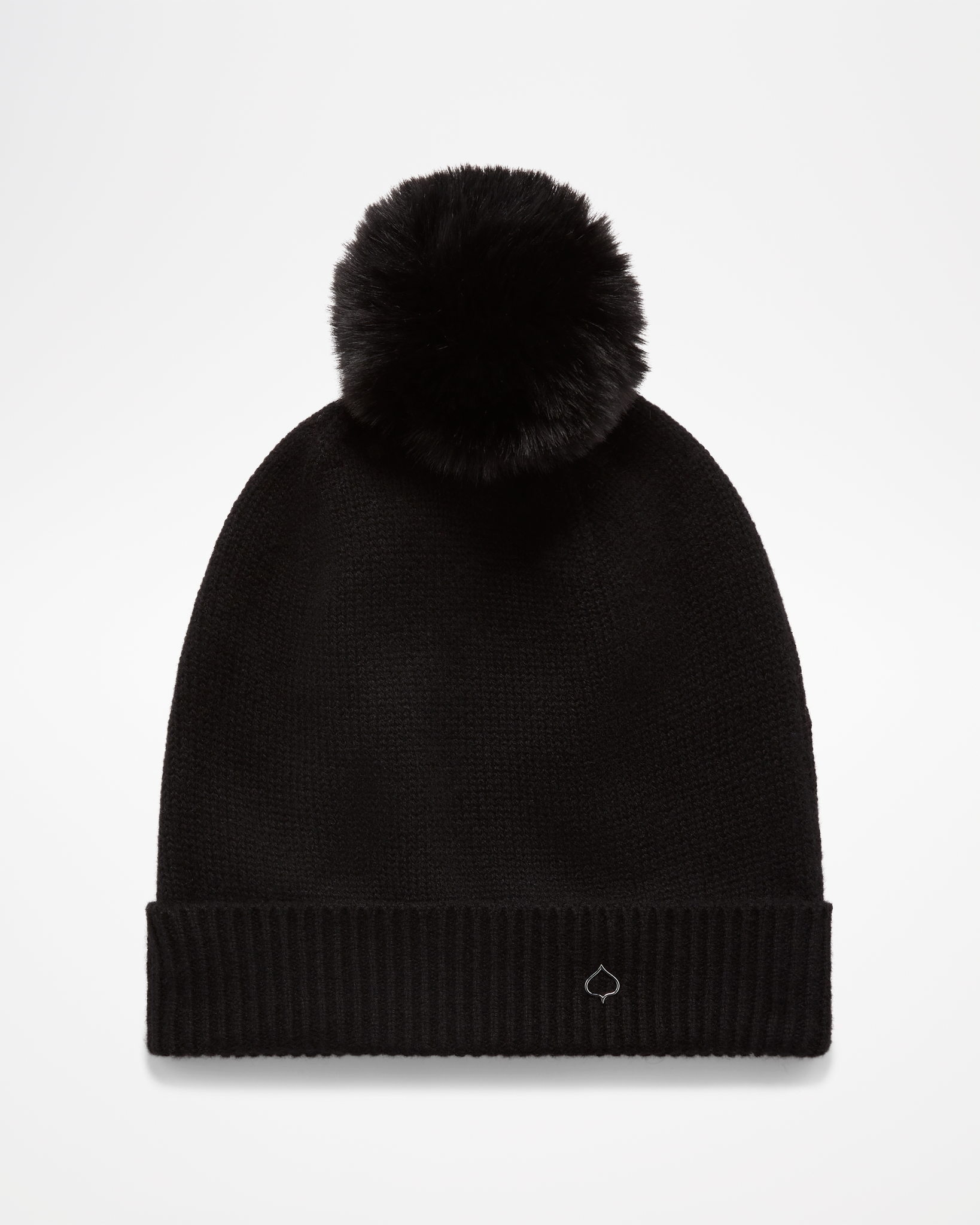 Cashmere POM Beanie by aspen collection, all black with black pom on top, small silver leaf logo on cuff, front view