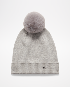 Cashmere POM Beanie by aspen collection, all grey with grey pom on top, small silver leaf logo on cuff, front view