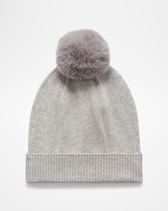 Cashmere POM Beanie by aspen collection, all grey with grey pom on top, back view